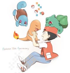 Rule 34 | 1990s (style), 1boy, anniversary, bebe 0620, black hair, brown eyes, bulbasaur, charmander, creatures (company), english text, fang, flame-tipped tail, game freak, gen 1 pokemon, hat, male focus, nintendo, open mouth, poke ball, poke ball (basic), pokemon, pokemon (creature), pokemon rgby, purple eyes, red (pokemon), red eyes, retro artstyle, smile, squirtle, starter pokemon trio