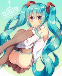Rule 34 | 1girl, absurdres, aqua hair, bare shoulders, blue eyes, blush, boots, character name, dated, detached sleeves, elbow gloves, gloves, hatsune miku, highres, hugging own legs, long hair, looking at viewer, necktie, panties, pantyshot, pk (mukasihasakana), skirt, sleeveless, smile, solo, sparkle, striped clothes, striped panties, thigh boots, thighhighs, twintails, underwear, very long hair, vocaloid