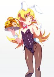 Rule 34 | 1girl, alternate costume, animal ears, bad id, bad twitter id, bakemonogatari, black pantyhose, blonde hair, blush, blush stickers, bow, bowtie, commentary request, doughnut, fake animal ears, food, hairband, highres, leotard, long legs, looking at viewer, monogatari (series), nail polish, open mouth, oshino shinobu, pantyhose, playboy bunny, pointy ears, rabbit ears, shiny clothes, shiny skin, simple background, solo, standing, tanabe kyou, tray, white background, wrist cuffs, yellow eyes
