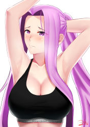 Rule 34 | 1girl, absurdres, alternate costume, alternate hairstyle, arm behind head, armpits, arms up, black sports bra, breasts, cleavage, fate/grand order, fate/stay night, fate (series), hair intakes, highres, large breasts, long hair, medusa (fate), medusa (rider) (fate), ponytail, purple eyes, purple hair, sidelocks, solo, sports bra, square pupils, upper body, very long hair, white background, zinfian
