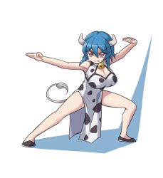 Rule 34 | 1girl, animal print, bell, black footwear, blue hair, breasts, chinese clothes, cleavage, cleavage cutout, closed mouth, clothing cutout, commentary request, cow girl, cow horns, cow print, cow tail, dress, fang, fighting stance, flats, full body, highres, horns, jashin-chan dropkick, large breasts, legs apart, looking at viewer, minos (jashin-chan dropkick), neck bell, no socks, red eyes, shadow, shadow (modeler3622), short hair, simple background, sleeveless, sleeveless dress, smile, solo, tail, v-shaped eyebrows, white background, white dress, white tail