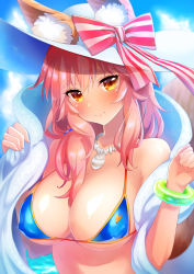 Rule 34 | 1girl, animal ears, bad id, bad pixiv id, bikini, blue bikini, blue sky, blush, breasts, cleavage, covered erect nipples, day, ears through headwear, fang, fate/grand order, fate (series), fox ears, fox tail, hat, large breasts, long hair, looking at viewer, ocean, outdoors, pink hair, sky, solo, swimsuit, tail, tamamo (fate), tamamo no mae (fate/extra), tamamo no mae (swimsuit lancer) (fate), tamamo no mae (swimsuit lancer) (third ascension) (fate), white hat, yellow eyes