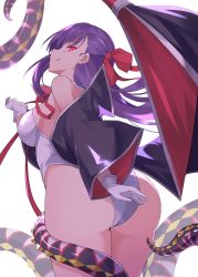 Rule 34 | 100, 100percent park, 1girl, ass, bare shoulders, bat wings, bb (fate), bb (fate) (all), bb (swimsuit mooncancer) (fate), bb (swimsuit mooncancer) (third ascension) (fate), black coat, bow, breasts, coat, fate/grand order, fate (series), from behind, gloves, hair bow, hair ribbon, highleg, highleg leotard, highres, large breasts, leotard, licking lips, long hair, long sleeves, looking at viewer, looking back, neck ribbon, off shoulder, open clothes, open coat, popped collar, purple hair, red eyes, red ribbon, ribbon, simple background, smile, solo, tentacles, thighs, tongue, tongue out, vampire costume, very long hair, white background, white gloves, white leotard, wide sleeves, wings