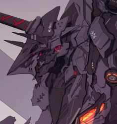 Rule 34 | armor, black armor, commentary, english commentary, from side, grey armor, grey background, mecha, mecha focus, multicolored background, no humans, original, red eyes, robot, science fiction, syaha, upper body