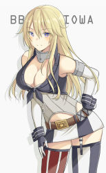 Rule 34 | 10s, 1girl, aemu (august life), bare shoulders, belt, blonde hair, blue eyes, blush, breasts, character name, cleavage, fingerless gloves, gloves, hair between eyes, highres, iowa (kancolle), kantai collection, large breasts, leaning forward, long hair, looking at viewer, midriff, miniskirt, no headwear, no headwear, skirt, smile, solo, standing, star-shaped pupils, star (symbol), symbol-shaped pupils, thighhighs, white background, wrist cuffs