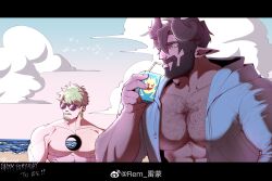 Rule 34 | 2boys, abs, absurdres, bara, beach, beard, blonde hair, chest hair, cloud, cloudy sky, curled horns, dark-skinned male, dark skin, demon boy, drinking, earrings, facial hair, goatee, highres, holding carton, hoop earrings, horns, jewelry, large pectorals, leimengrem, looking ahead, looking to the side, male focus, mature male, multiple boys, muscular, muscular male, mustache, nipples, nude, original, pectoral cleavage, pectorals, pointy ears, sand, scar, scar on face, scar on mouth, short hair, sky, sunglasses, upper body