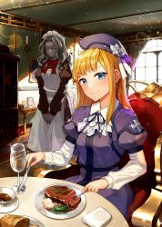 Rule 34 | 2girls, absurdres, apron, blonde hair, blue eyes, bow, bowtie, chair, cup, drinking glass, fate (series), food, fork, glass, hat, highres, indoors, jai (whany1998), knife, long hair, lord el-melloi ii case files, maid, maid headdress, multiple girls, reines el-melloi archisorte, ribbon, trimmau (fate), volumen hydragyrum (fate), wine glass