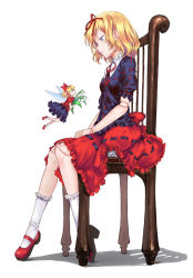 Rule 34 | 1girl, blonde hair, blue eyes, bobby socks, chair, doll, doll joints, flower, hair ribbon, highres, joints, lily of the valley, mary janes, medicine melancholy, mirror (xilu4), ribbon, shoes, sitting, socks, solo, su-san, touhou, white socks, wings