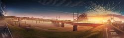 Rule 34 | banishment, bridge, cloud, commentary request, day, grass, highres, no humans, original, outdoors, panorama, power lines, railroad crossing, railroad tracks, river, road, road sign, ruins, scenery, sign, sky, street, sunset, transmission tower