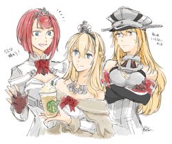 Rule 34 | 3girls, anchor, ark royal (kancolle), bare shoulders, bismarck (kancolle), blonde hair, blue eyes, blunt bangs, blush, bob cut, braid, breasts, brown gloves, cleavage cutout, closed mouth, clothing cutout, collarbone, commentary, cropped torso, cross, crossed arms, crown, cup, detached sleeves, disposable cup, dress, drinking straw, fingerless gloves, flower, french braid, gloves, grey dress, hair between eyes, hair ornament, hair over shoulder, hairband, hat, iron cross, jewelry, kantai collection, long hair, military, military hat, military uniform, mini crown, multiple girls, necklace, off-shoulder dress, off shoulder, open mouth, peaked cap, red eyes, red flower, red ribbon, red rose, ribbon, rose, round teeth, short hair, signature, simple background, smile, starbucks, sweat, teeth, tiara, translated, uniform, warspite (kancolle), white background, white dress, yamada rei (rou)
