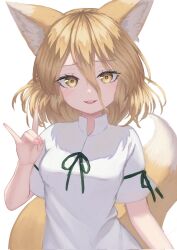 Rule 34 | 1girl, animal ear fluff, animal ears, blonde hair, breasts, commentary request, fox ears, fox shadow puppet, fox tail, green ribbon, hair between eyes, hand up, highres, kudamaki tsukasa, light blush, light smile, looking at viewer, medium hair, parted lips, raised eyebrows, ribbon, short sleeves, simple background, small breasts, solo, tail, teeth, touhou, upper body, upper teeth only, white background, white romper, yellow eyes, yuha (kanayuzu611)