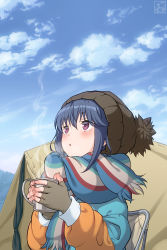 Rule 34 | 1girl, :o, blue hair, blush, camping, cup, day, fingerless gloves, gloves, hat, highres, holding, jacket, outdoors, pairan, purple eyes, scarf, shima rin, sky, solo, steam, tent, winter clothes, yurucamp