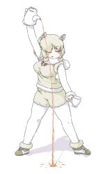 Rule 34 | 1girl, alpaca ears, alpaca suri (kemono friends), alpaca tail, animal ears, arm up, blush, bodystocking, closed eyes, commentary request, cup, decantering, doyagao, failure, full body, fur-trimmed sleeves, fur scarf, fur trim, hair over one eye, highres, holding, holding cup, holding pot, kemono friends, long sleeves, medium hair, neck ribbon, pot, ribbon, scarf, shadow, shoes, shorts, simple background, smile, smug, solo, standing, sweater vest, tail, tea, teacup, teapot, uho (uhoyoshi-o), white background