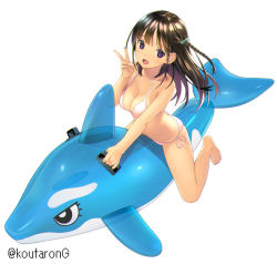 Rule 34 | 1girl, :d, bare arms, bare legs, bare shoulders, barefoot, bikini, black hair, bow, braid, breasts, cleavage, commentary request, full body, green bow, hair bow, hand up, inflatable dolphin, inflatable toy, koutaro, long hair, medium breasts, multicolored hair, open mouth, original, pink hair, purple eyes, side-tie bikini bottom, simple background, smile, solo, swimsuit, twitter username, two-tone hair, v, very long hair, white background, white bikini