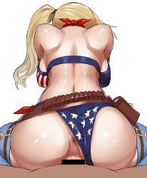 Rule 34 | 1boy, 1girl, alice gear aegis, american flag bikini, american flag print, ass, back, bikini, bikini bottom aside, blonde hair, breasts, clothed sex, clothing aside, flag print, highres, kurozukin (th krz 890), ponytail, print bikini, pussy, reverse cowgirl position, sex, sex from behind, shirley oakley, straddling, swimsuit, tagme, thighhighs, vaginal, white background