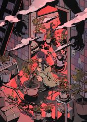 Rule 34 | 1girl, axe, black hair, box, crack, doorway, glint, knees up, ladder, leaf, long hair, myon (tokipi), original, plant, potted plant, shears, signature, sitting, solo, tears, trowel, watering can, wide shot