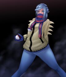 Rule 34 | 1boy, absurdres, androgynous, blue eyes, blue gloves, blue pants, covered mouth, creatures (company), game freak, gloves, grusha (pokemon), hha hna , highres, holding, holding poke ball, long hair, looking at viewer, nintendo, pants, poke ball, pokemon, pokemon sv, scarf, simple background, standing, trap, winter gloves