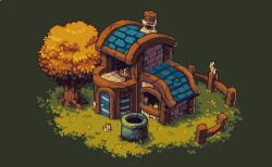 Rule 34 | animal, artist name, autumn leaves, brick wall, building, candle, cauldron, commentary, cork, day, door, fence, grass, green background, jar, lowres, no humans, nop (nop pixels), original, outdoors, pixel art, rabbit, scenery, symbol-only commentary, table, tree, window