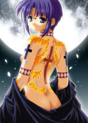 Rule 34 | 00s, 1girl, ass, back, back focus, back tattoo, blue eyes, blue hair, breasts, ciel (tsukihime), cross, from behind, full moon, glasses, latin cross, matching hair/eyes, medium breasts, moon, nipples, nude, petals, solo, tattoo, tsukihime