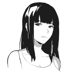 Rule 34 | 1girl, bare shoulders, black eyes, black hair, blunt bangs, commentary, english commentary, eyebrows, greyscale, highres, long hair, looking to the side, lynus, monochrome, naoko-san, original, solo, white background