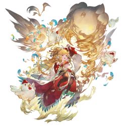 Rule 34 | 1girl, animal ears, bandeau, bare shoulders, bird, blonde hair, boots, breasts, cape, chibi, chicken, earrings, feathers, flying, granblue fantasy, hair ornament, harvin, head on hand, jewelry, knee boots, long hair, looking at viewer, mahira (granblue fantasy), minaba hideo, official art, red eyes, simple background, sitting, small breasts, thighhighs, transparent background, uppercut, wide sleeves