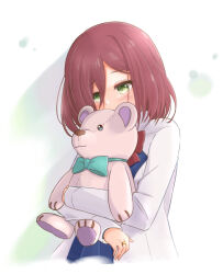 Rule 34 | 1girl, assault lily, blush, bow, bowtie, commentary request, covered mouth, cropped torso, green eyes, hair between eyes, hatsukano you, herensuge girls academy school uniform, holding, holding stuffed toy, hugging doll, hugging object, inoguchi minto, jacket, jewelry, long bangs, long sleeves, looking ahead, looking down, medium hair, open clothes, open jacket, red bow, red bowtie, red hair, ring, school uniform, simple background, solo, stuffed animal, stuffed toy, teddy bear, upper body, white background, white jacket