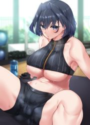 Rule 34 | 1girl, bare shoulders, bike shorts, black hair, black shorts, blue eyes, blurry, blurry background, blush, bottle, breasts, cameltoe, collarbone, crop top, crotch, gluteal fold, gym, hair intakes, highres, hololive, hololive english, large breasts, looking at viewer, moisture (chichi), navel, ouro kronii, parted lips, short hair, shorts, sitting, sleeveless, solo, spread legs, steaming body, sweat, thighs, underboob, virtual youtuber, water bottle, zipper, zipper pull tab