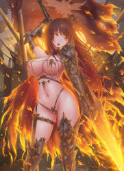 Rule 34 | 1girl, :o, abs, arm up, armor, bad id, bad pixiv id, breasts, brown eyes, brown hair, cleavage, flag, flaming spear, flaming sword, flaming weapon, gauntlets, holding, holding sword, holding weapon, knife, large breasts, looking at viewer, navel, original, outdoors, polearm, revealing clothes, rinmmo, sheath, sheathed, solo, spear, standing, sword, thigh strap, thighs, warrior, weapon