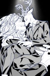 Rule 34 | 2boys, absurdres, animal ears, antlers, beastars, black background, carrying, carrying person, closed eyes, crack of light, deer antlers, deer boy, deer ears, formal, furry, furry male, glasses, height difference, highres, horns, ibuki (beastars), imminent kiss, kiss, light particles, lion boy, lion ears, lion mane, louis (beastars), male focus, monochrome, multiple boys, necktie, pants, smile, suit, yibengyitiaodeshaomai