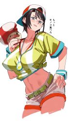 Rule 34 | 1girl, backwards hat, baseball cap, black hair, blue eyes, breasts, hand on own hip, hat, highres, hololive, large breasts, looking at viewer, mushroom, navel, oozora subaru, oozora subaru (1st costume), open mouth, shirt, short hair, sideways hat, solo, stopwatch, stopwatch around neck, striped clothes, striped shirt, super mushroom, sweatband, swept bangs, tied shirt, translation request, two-tone headwear, uzuradobin, vertical-striped clothes, vertical-striped shirt, virtual youtuber, watch