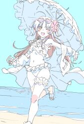 Rule 34 | 1girl, arknights, beach, bikini, blue sky, blush, color trace, flower, foot out of frame, frilled bikini, frills, hair flower, hair ornament, heart, heart-shaped eyewear, highres, holding, holding umbrella, imastupiddocter, leg up, long hair, looking at viewer, myrtle (arknights), myrtle (summer flowers) (arknights), ocean, one eye closed, open mouth, outdoors, parasol, pointy ears, sandals, sky, smile, swimsuit, swimsuit cover-up, thigh strap, umbrella