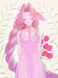 Rule 34 | 1girl, aerith gainsborough, braid, breasts, brown hair, closed eyes, closed mouth, collarbone, dress, final fantasy, final fantasy vii, final fantasy vii remake, flower, highres, jewelry, leaf, long hair, necklace, otohara gaku, pink dress, pink ribbon, ribbon, solo, square enix, tulip, very long hair