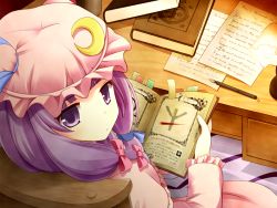 Rule 34 | 1girl, book, bookmark, chain, chair, close-up, crescent, desk, female focus, from above, hair ribbon, hat, indoors, looking back, looking up, open book, paper, patchouli knowledge, pen, purple eyes, purple hair, reading, ribbon, sakura mikan (chirizakura), sitting, solo, table, touhou