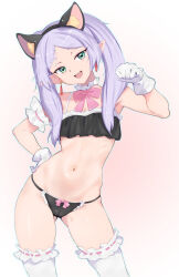 Rule 34 | 1girl, absurdres, alternate costume, animal ears, bikini, black bikini, bow, breasts, cameltoe, cat ears, cleft of venus, dangle earrings, drop earrings, earrings, elf, fake animal ears, frieren, gloves, gluteal fold, green eyes, grey hair, highres, jewelry, navel, open mouth, pink bow, pointy ears, roq, small breasts, solo, sousou no frieren, swimsuit, thighhighs, twintails, white gloves, white thighhighs