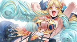 Rule 34 | 1girl, abs, armpits, arms behind head, arms up, astraea (fate), bare shoulders, biceps, big hair, blonde hair, blue hair, breasts, center opening, cleavage, drill hair, fate/grand order, fate (series), gradient hair, large breasts, leotard, long hair, looking at viewer, luviagelita edelfelt, multicolored hair, muscular, muscular female, open mouth, parted bangs, quad drills, smile, torichamaru, very long hair
