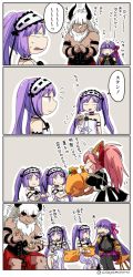 Rule 34 | 1boy, 3girls, 4koma, animal ears, animal hands, apron, asaya minoru, asterios (fate), bare shoulders, black sclera, blush, bow, breasts, cleavage, colored sclera, comic, dress, euryale (fate), fate/grand order, fate (series), feeding, fox ears, hair ribbon, hairband, halloween, headdress, horns, huge breasts, jack-o&#039;-lantern, lolita hairband, long hair, maid, maid apron, maid headdress, multiple girls, open mouth, pantyhose, passionlip (fate), pink hair, purple eyes, purple hair, red eyes, ribbon, siblings, sisters, stheno (fate), tamamo (fate), tamamo cat (fate), tamamo no mae (fate/extra), translated, twins, twintails, twitter username, very long hair, white dress, white hair