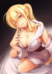 Rule 34 | 1girl, ahoge, bed sheet, blonde hair, blush, braid, breasts, cleavage, collarbone, come hither, eiyuu chronicle, hair between eyes, hand up, haribote (desk of coulomb), large breasts, leaning forward, long hair, looking at viewer, one eye closed, parted lips, ponytail, robe, sidelocks, sitting, smile, solo, very long hair, yellow eyes, yokozuwari