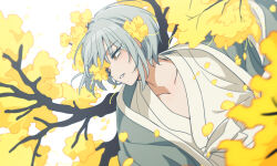 Rule 34 | 1girl, bbunny, branch, coat, dongbaek (project moon), e.g.o (project moon), flower, grey coat, grey hair, hand fan, holding, holding fan, limbus company, project moon, short hair, simple background, solo, tree, white background, white hanbok, yellow eyes, yellow flower