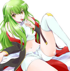 Rule 34 | 00s, 1girl, akina tsukako, bed sheet, boots, c.c., candy, code geass, food, green hair, leg up, licking, lollipop, looking at viewer, midriff, navel, open fly, panties, short shorts, shorts, sleeveless, sleeveless turtleneck, solo, striped clothes, striped panties, thigh boots, thighhighs, tongue, turtleneck, unbuttoned, underwear, unzipped, white thighhighs, yellow eyes