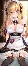 Rule 34 | 1girl, absurdres, ahoge, alternate costume, apron, bare shoulders, black neckwear, blonde hair, blush, bow, bowtie, breasts, cleavage, closed mouth, collar, detached collar, dress, efuri (riarea00), enmaided, frilled apron, frills, garter straps, hair ribbon, highres, lace, lace-trimmed legwear, lace trim, large breasts, long hair, looking at viewer, maid, maid apron, maid headdress, name tag, nijisanji, over-kneehighs, ribbon, sitting, sleeveless, sleeveless dress, spaghetti strap, strap slip, takamiya rion, takamiya rion (3rd costume), thighhighs, twintails, virtual youtuber, white apron, white collar, wrist cuffs, wristband, zettai ryouiki