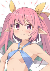 Rule 34 | 1girl, bare arms, bare shoulders, blush, breasts, collarbone, fairy, fairy wings, hair ribbon, long hair, looking at viewer, o-ring, o-ring top, pink eyes, pink hair, pointy ears, rabi-ribi, ribbon, ribbon (rabi-ribi), saiste, simple background, small breasts, smile, solo, twintails, upper body, white background, wings, yellow ribbon