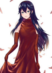 Rule 34 | 1girl, ameno (a meno0), blue eyes, blue hair, blush, dress, elbow gloves, fire emblem, fire emblem awakening, formal, gloves, hair between eyes, headpiece, highres, jewelry, long hair, looking at viewer, lucina (fire emblem), nintendo, petals, simple background, smile, solo, tiara, white background