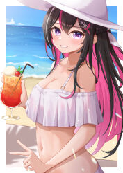 Rule 34 | 1girl, absurdres, azki (4th costume) (hololive), azki (hololive), beach, bikini, black hair, breasts, cleavage, cocktail, colored inner hair, frilled bikini, frills, grin, hair ornament, hairclip, hat, highres, hololive, long hair, looking at viewer, medium breasts, midriff, multicolored hair, navel, pink hair, purple eyes, sand, smile, solo, streaked hair, sun hat, swimsuit, typho, upper body, v, virtual youtuber, water, white hair