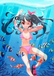 Rule 34 | 1girl, absurdres, bikini, black hair, bow, breasts, english text, engrish text, flippers, front-tie top, hair bow, highres, large breasts, navel, one eye closed, original, ranguage, side-tie bikini bottom, smile, soar, striped bikini, striped clothes, swimsuit, tan, tanline, tropical fish, twintails, underwater, yellow eyes