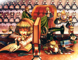 Rule 34 | 1girl, alice margatroid, blanket, blonde hair, book, cup, doll, female focus, nemuo, sewing machine, shanghai doll, short hair, sleeping, solo, stretching, teacup, touhou, yawning