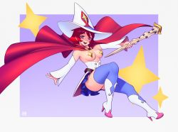 Rule 34 | 1girl, absurdres, adapted costume, belt, blue thighhighs, boots, border, breastless clothes, breasts, cape, coattails, commentary, convenient leg, detached sleeves, english commentary, hat, high heel boots, high heels, highres, holding, holding staff, knee boots, large hat, little witch academia, loose belt, medium breasts, no panties, open mouth, outside border, pasties, purple background, red cape, red eyes, red hair, revealing clothes, riz, shiny chariot, short hair, smile, solo, staff, star (symbol), star pasties, teeth, thighhighs, thighhighs under boots, thighs, upper teeth only, white border, white footwear, white hat, white sleeves, wide sleeves, witch hat