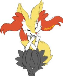 Rule 34 | 1girl, animal ear fluff, animal ears, animal hands, artist name, braixen, closed eyes, closed mouth, creatures (company), female focus, fox ears, fox tail, full body, furry, furry female, game freak, gen 6 pokemon, hands up, happy, highres, hugging tail, jpeg artifacts, knees up, mezmaroon, nintendo, pokemon, pokemon (creature), signature, simple background, sitting, smile, solo, tail, white background