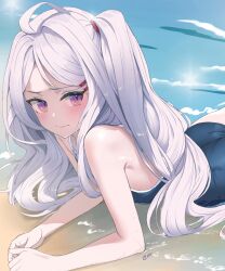 Rule 34 | 1girl, ahoge, arm rest, beach, blue archive, blue one-piece swimsuit, blush, ev (dai00888), grey hair, highres, hina (blue archive), hina (swimsuit) (blue archive), looking at viewer, lying, official alternate costume, on stomach, one-piece swimsuit, one side up, purple eyes, school swimsuit, signature, solo, swimsuit, upper body