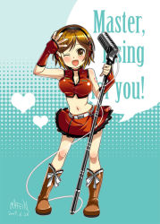 Rule 34 | 1girl, boots, breasts, brown eyes, brown hair, caffein, cleavage, female focus, fingerless gloves, full body, gloves, halftone, halftone background, headphones, heart, large breasts, meiko (vocaloid), microphone, microphone stand, midriff, navel, one eye closed, ribbon, sakine meiko, short hair, skirt, smile, solo, vintage microphone, vocaloid, wink