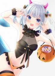 Rule 34 | 1girl, alternate costume, alternate hairstyle, bikini, blue hair, blue nails, blunt bangs, breasts, candy, claw pose, detached collar, fake horns, fins, fish tail, food, frills, gawr gura, hair ornament, halloween, highres, hololive, hololive english, horns, light blue hair, multicolored hair, nail polish, navel, nibosi, open mouth, panties, pumpkin, shark girl, shark tail, sidelocks, small breasts, stomach, swimsuit, tail, teeth, thighhighs, trick-or-treating, twintails, two-tone hair, underwear, virtual youtuber, white background, white hair, wrist cuffs